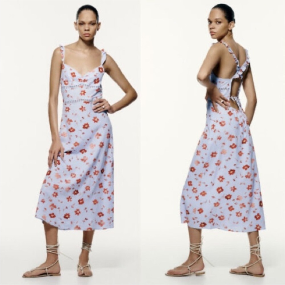 Zara Floral Printed Linen Blend Midi Dress Cross Strap Open Back‎ Medium